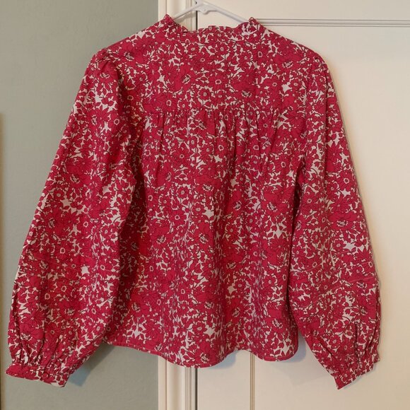 Women's J.Crew Size M Button-front Ruffleneck Popover in Blushing Meadow Cotton - Picture 2 of 5